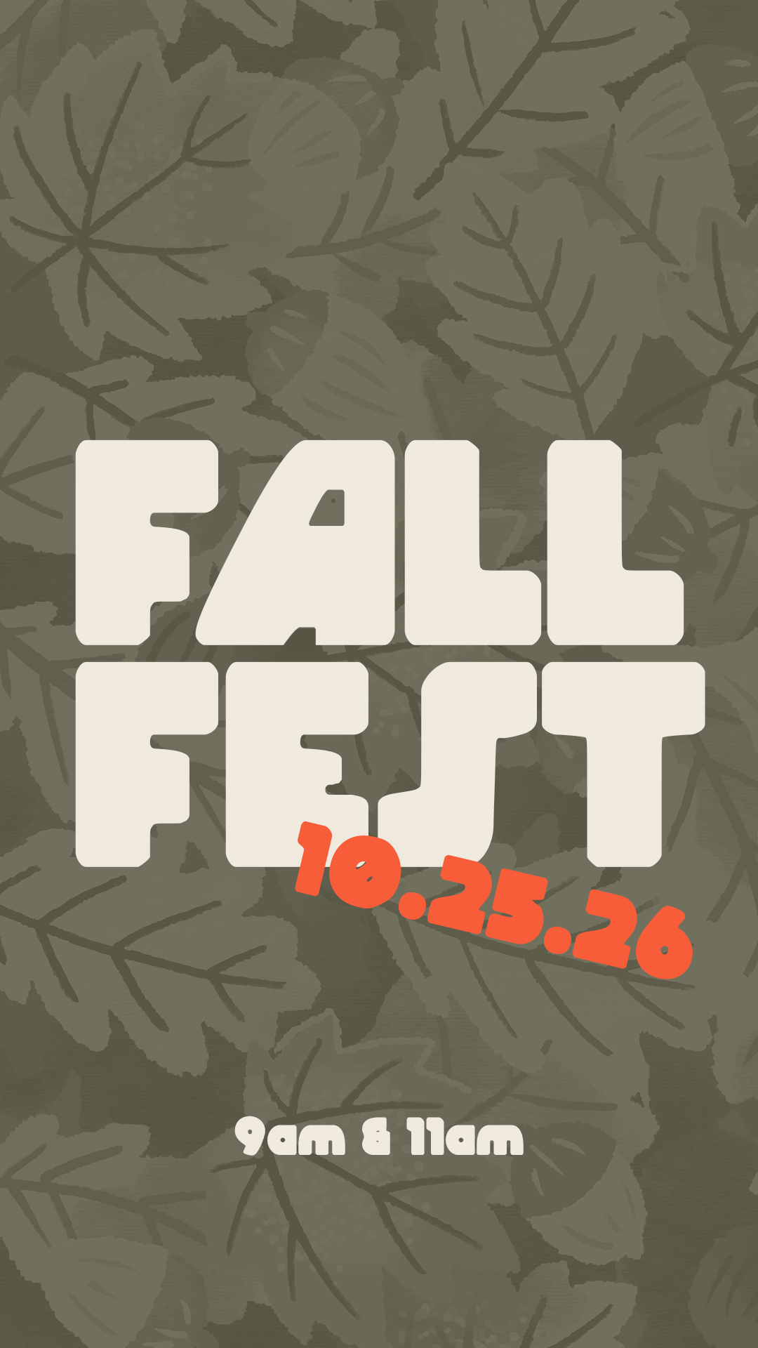 Fall Fest 10.25.26 story graphic on olive leaves