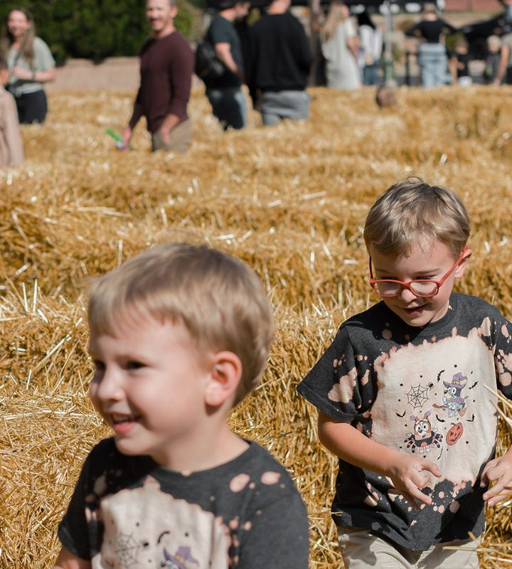 Two boys running through the hay maze